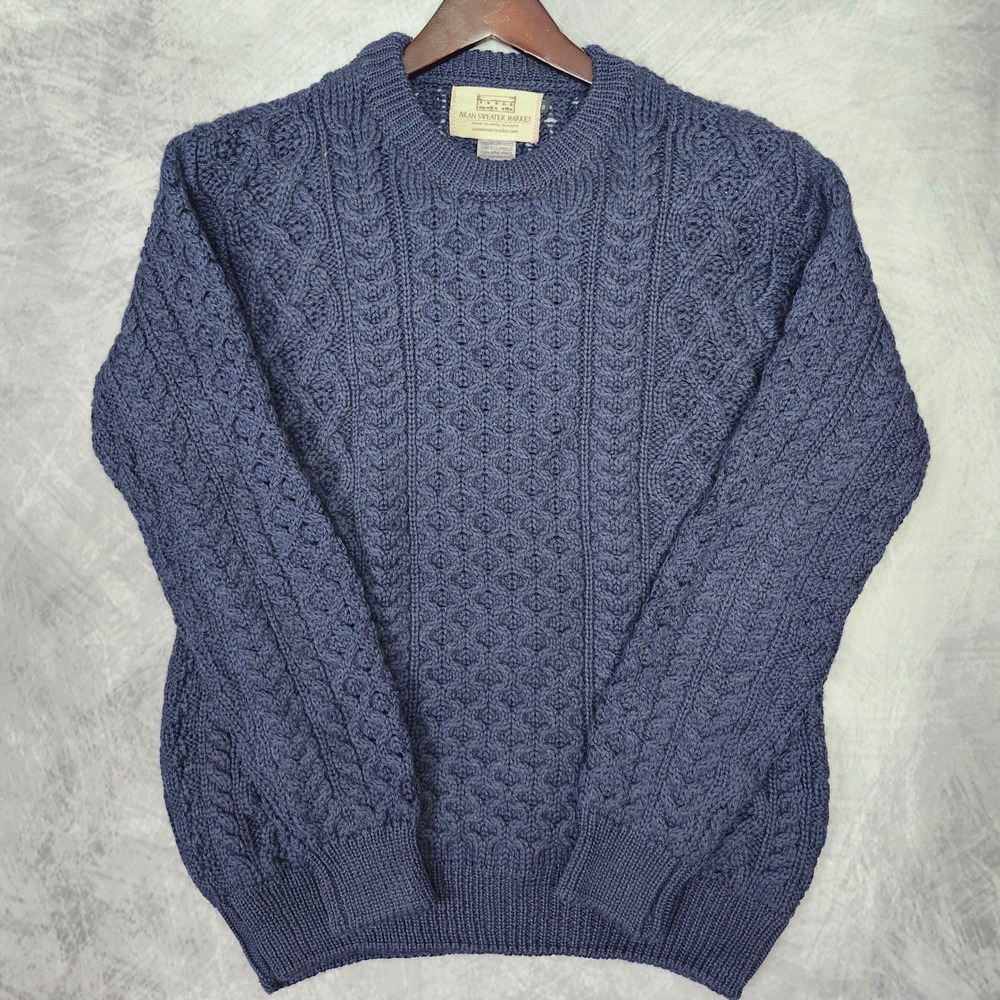 Aran Sweater Market Cable Knit 100% Virgin Wool Mens S Womens M Blue Ireland